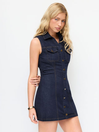 Denim Stretch Denim Washed Metal Detail Shirt Mini Dress For School Daily Casual