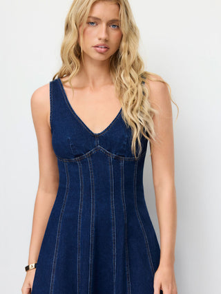 Stretch Denim V-neck Washed Pleated A-line Midi Dress