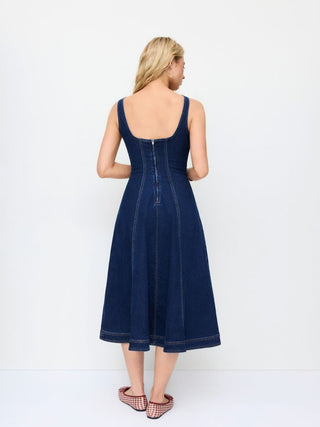 Stretch Denim V-neck Washed Pleated A-line Midi Dress