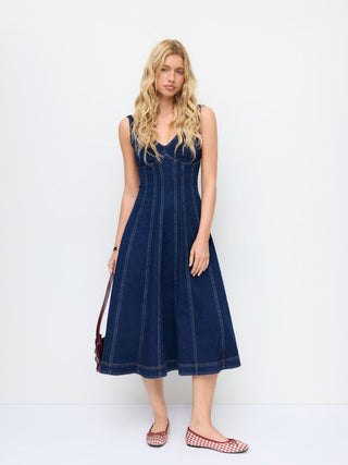 Stretch Denim V-neck Washed Pleated A-line Midi Dress