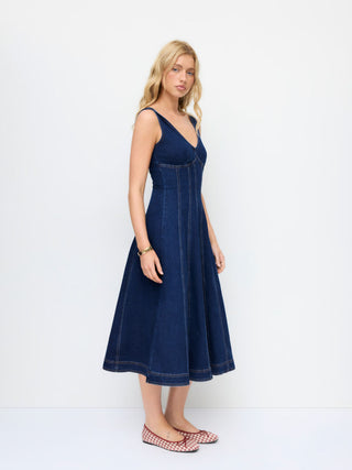 Stretch Denim V-neck Washed Pleated A-line Midi Dress