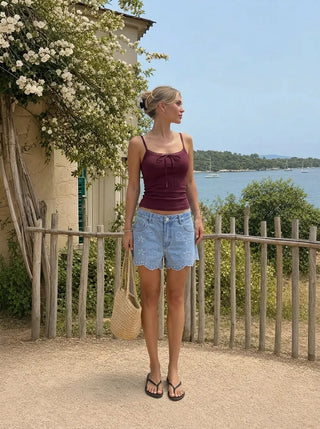 Cotton-blend Textured Scoop Neckline Lace Trim Bowknot Cami Top