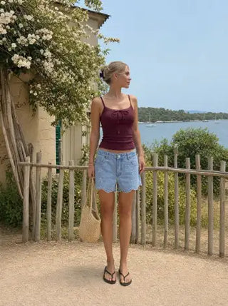 Cotton-blend Textured Scoop Neckline Lace Trim Bowknot Cami Top