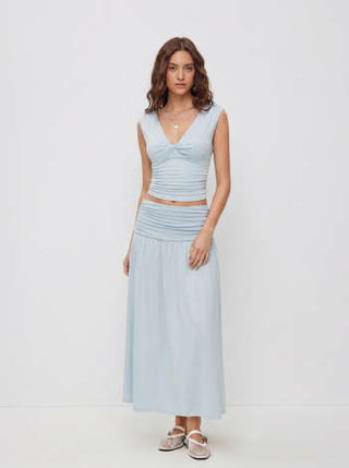 V-neck Twist Ruched Top & Mid Rise Ruched Flared Maxi Skirt Set