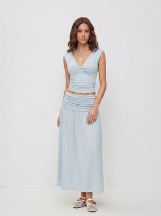 V-neck Twist Ruched Top & Mid Rise Ruched Flared Maxi Skirt Set