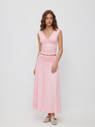 V-neck Twist Ruched Top & Mid Rise Ruched Flared Maxi Skirt Set