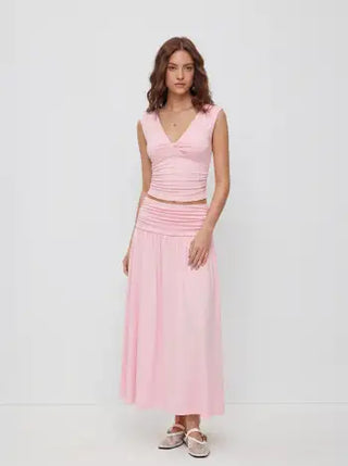 V-neck Twist Ruched Top & Mid Rise Ruched Flared Maxi Skirt Set