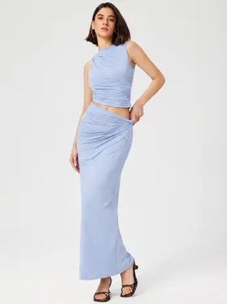 Knit Fabric Knotted Ruched Crop Tank Top & Maxi Skirt Set For Daily Casual Coffee Shop