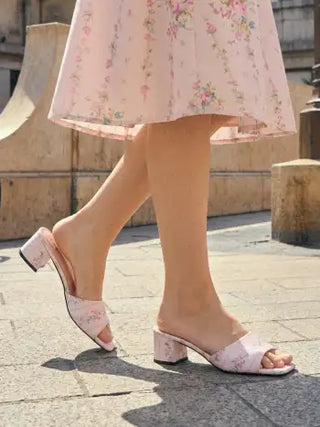 FLORAL PATTERN CHUNKY HEEL SANDALS For Date Party/Clubbing Vacation