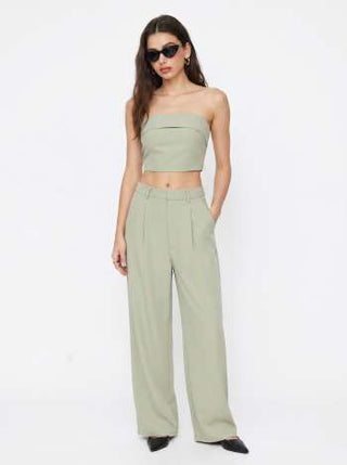 Two Piece Sets Woven Solid Shirred Tube Top & High Waist Pants Set For Daily Casual Exhibition Coffee Shop