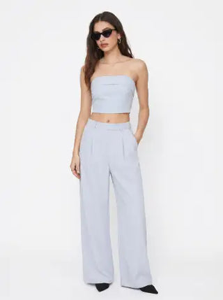 Two Piece Sets Woven Solid Shirred Tube Top & High Waist Pants Set For Daily Casual Exhibition Coffee Shop