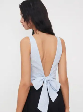 Woven Boat Neck Polka Dot Bowknot Backless Crop Top For Work