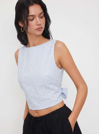 Woven Boat Neck Polka Dot Bowknot Backless Crop Top For Work