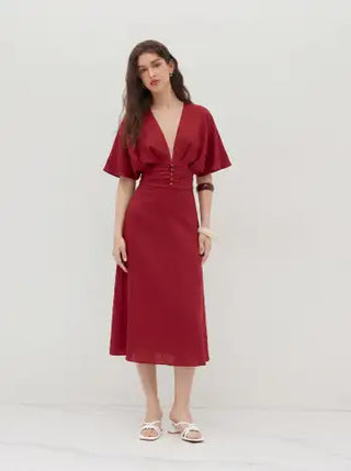 Wedding Wedding Guest Dress wedding guest wedding Linen-blend Linen-blend V-neck Solid Ruffle Ruched Midi Dress For Work