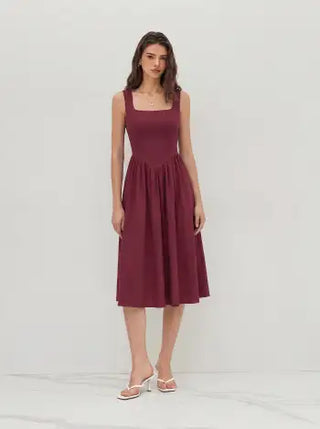 Wedding Wedding Guest Dress wedding guest wedding special occasion dresses Woven Linen-blend Square Neck Ruffle Midi Dress For Vacation
