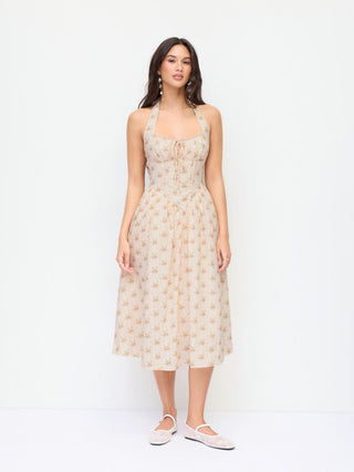 Cotton-blend Sculptural Halter Neck Ditsy Floral Shirred Milkmaid Midi Dress