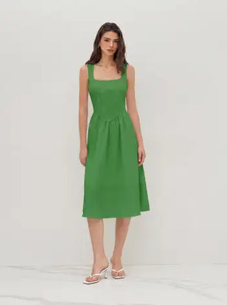 Wedding Wedding Guest Dress wedding guest wedding special occasion dresses Woven Linen-blend Square Neck Ruffle Midi Dress For Vacation
