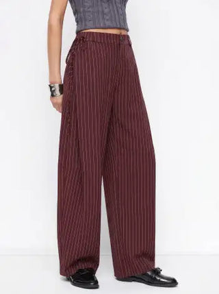 Woven Mid Rise Striped Side Knotted Barrel-leg Trousers For Work