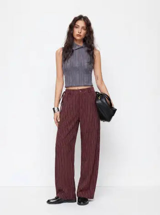 Woven Mid Rise Striped Side Knotted Barrel-leg Trousers For Work