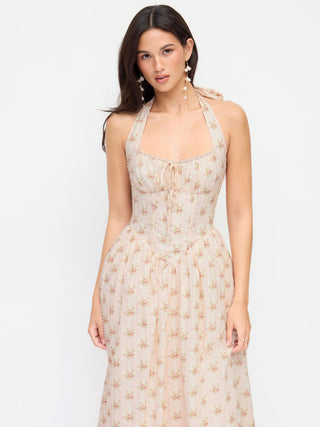 Cotton-blend Sculptural Halter Neck Ditsy Floral Shirred Milkmaid Midi Dress