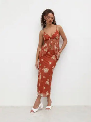 Mesh V-neck Floral Ruffle Cami Top & Mid Rise Maxi Skirt Set For Music Festival/Live House Vacation