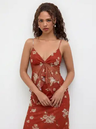 Mesh V-neck Floral Ruffle Cami Top & Mid Rise Maxi Skirt Set For Music Festival/Live House Vacation