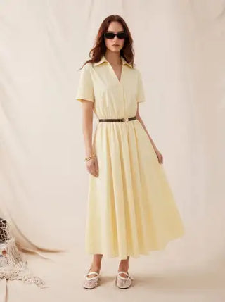 Cotton-blend Collar Shirt Maxi Dress With Metal Detail Belt