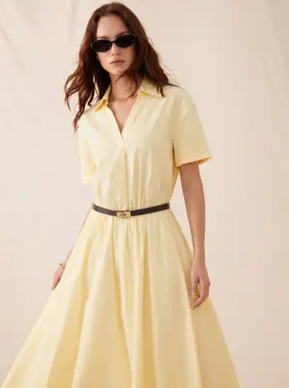 Cotton-blend Collar Shirt Maxi Dress With Metal Detail Belt