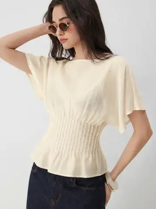 Linen-blend Linen-blend Boat Neck Ruched Batwing Sleeve Blouse For Daily Casual