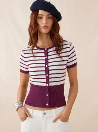 Knit Fabric Knit Striped High Stretch Short Sleeve Cardigan With Pearl Buttons For Daily Casual Coffee Shop Work