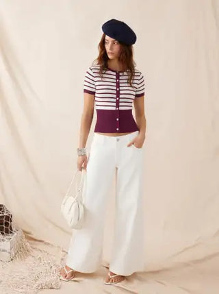 Knit Fabric Knit Striped High Stretch Short Sleeve Cardigan With Pearl Buttons For Daily Casual Coffee Shop Work