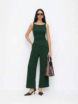 Knit Fabric Boat Neck Ruched Asymmetrical Hem Wide Leg Jumpsuit For Daily Casual Work