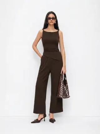 Knit Fabric Boat Neck Ruched Asymmetrical Hem Wide Leg Jumpsuit For Daily Casual Work