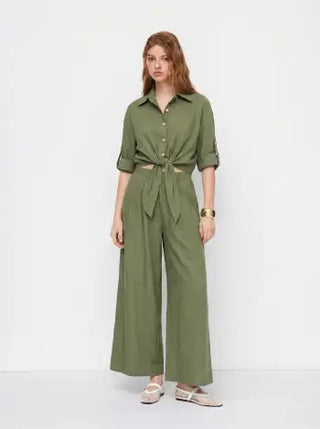 Linen-blend Linen-blend Collar Knotted Roll Hem Oversized Jumpsuit For Work