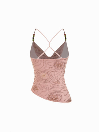 Mesh Mesh Cowl Neck Floral Beading Sequin Cami Top For Daily Casual Coffee Shop Vacation