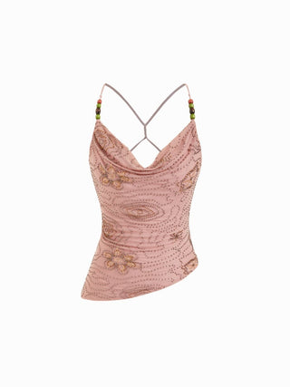 Mesh Mesh Cowl Neck Floral Beading Sequin Cami Top For Daily Casual Coffee Shop Vacation