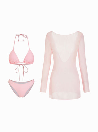 Knit Fabric Halter Neckline Triangle Bikini Set With Sheer Cover Up Dress For Vacation Beach