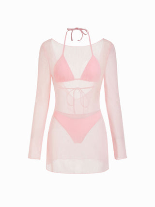 Knit Fabric Halter Neckline Triangle Bikini Set With Sheer Cover Up Dress For Vacation Beach