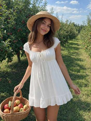 Cotton-blend Square Neck Puff Sleeve Drawstring Ruffle Hem Oversized Babydoll Mini Dress