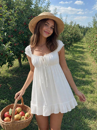 Cotton-blend Square Neck Puff Sleeve Drawstring Ruffle Hem Oversized Babydoll Mini Dress