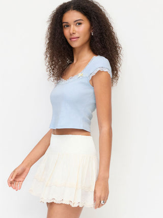 Knit Fabric Cotton-blend Pointelle Square Neck Short Sleeve Lace Trim Bowknot Tee For Daily Casual Date
