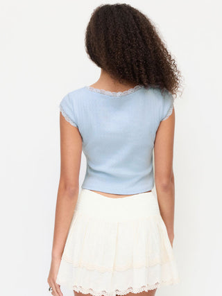 Knit Fabric Cotton-blend Pointelle Square Neck Short Sleeve Lace Trim Bowknot Tee For Daily Casual Date