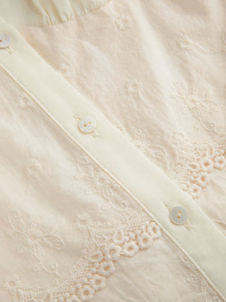 Cotton-blend Broderie Anglaise Puff Sleeve Scalloped Lace Trim Blouse