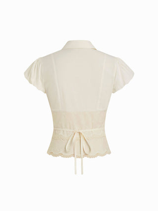 Cotton-blend Broderie Anglaise Puff Sleeve Scalloped Lace Trim Blouse