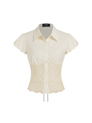 Cotton-blend Broderie Anglaise Puff Sleeve Scalloped Lace Trim Blouse