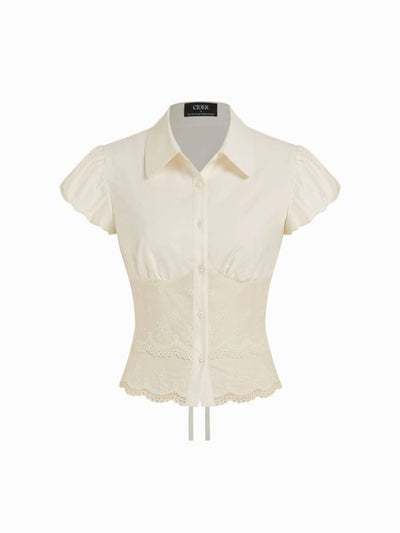 Cotton-blend Broderie Anglaise Puff Sleeve Scalloped Lace Trim Blouse