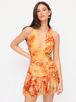 Mesh Mesh Abstract Halter Neckline Ruffled Low Rise A-line Mini Dress For Music Festival/Live House Vacation