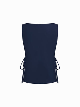 Linen-blend Linen-blend Boat Neck Tie Side Knotted Split Tank Top For Vacation