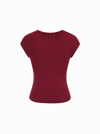 Jersey Raglan Sleeve Drawstring Scoop Neck Metallic Decor Tee For Daily Casual Vacation