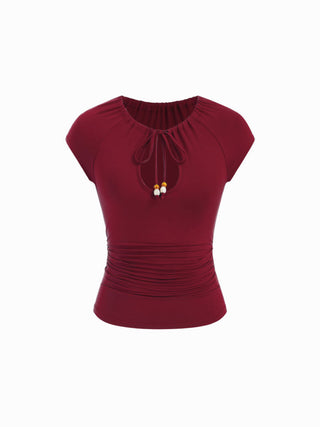 Jersey Raglan Sleeve Drawstring Scoop Neck Metallic Decor Tee For Daily Casual Vacation